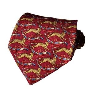 Salvatore Ferragamo 100% Silk Mens Tie Necktie Cheetah & Swords Print Red